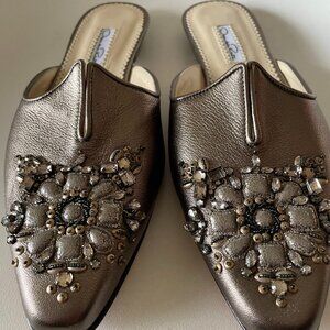 NWT OSCAR DE LA RENTA 9.5 jeweled metallic leather mules 39.5 GORGEOUS NEW